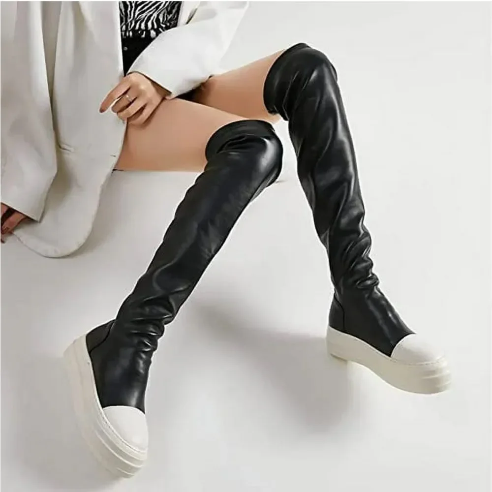 Kluolandi Black Faux Leather White Shoe Over the Knee Pull On Sneaker Boots